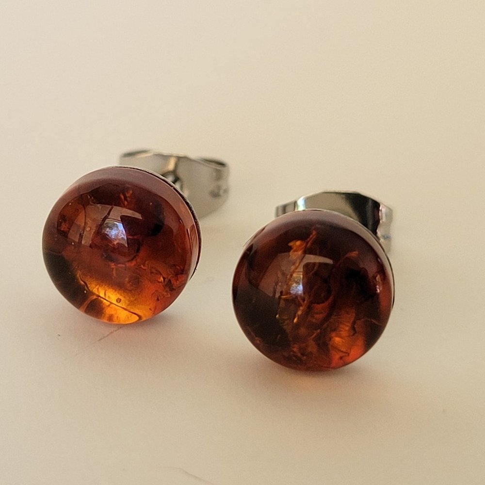 New 8mm Genuine Pressed Baltic Amber Stud Earrings on 316L SS Posts